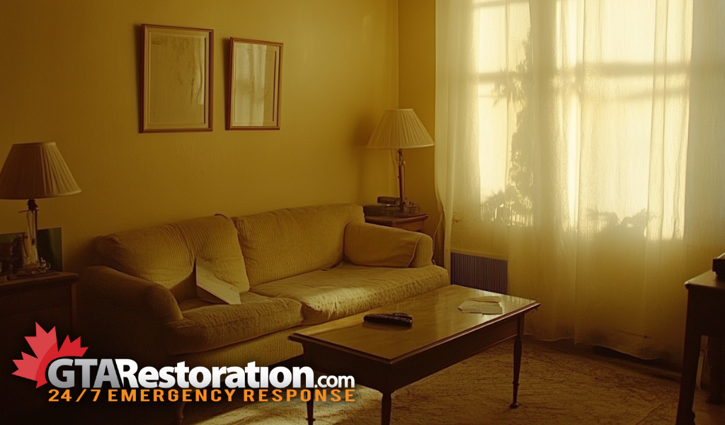 Clean cigarette smoke off walls, example of a living room that the walls have been stained yellow from cigarette smoke