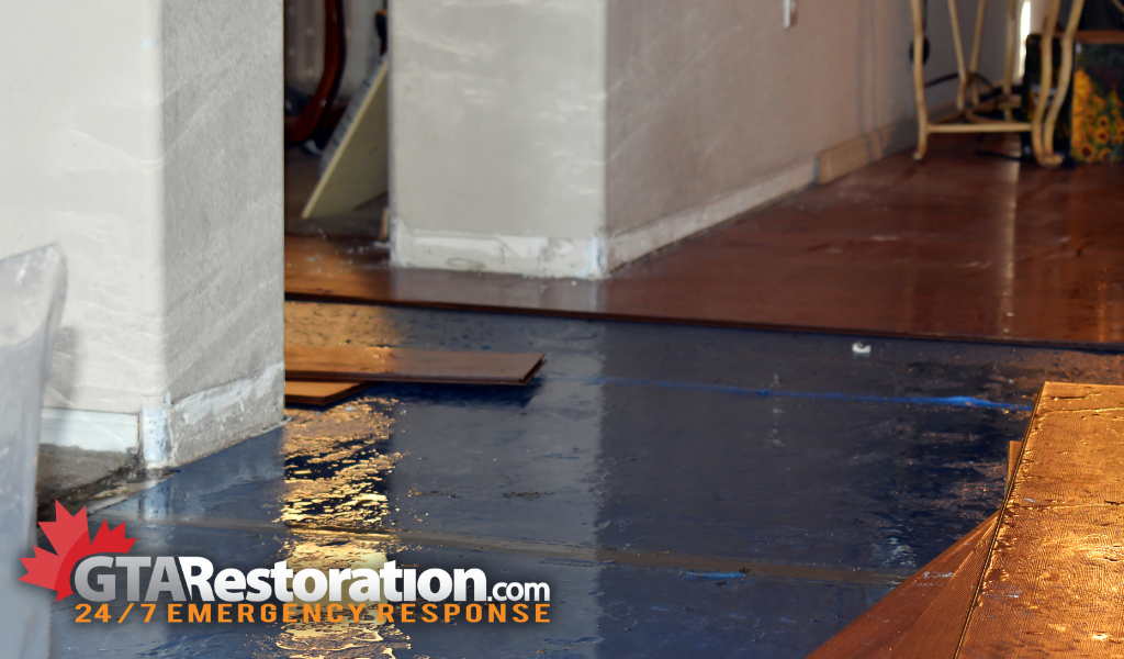 Water damage cleanup, scarborough water damage repair, water damage services, scarborough basement water services, example of water damage in home where floor boards need to be replaced