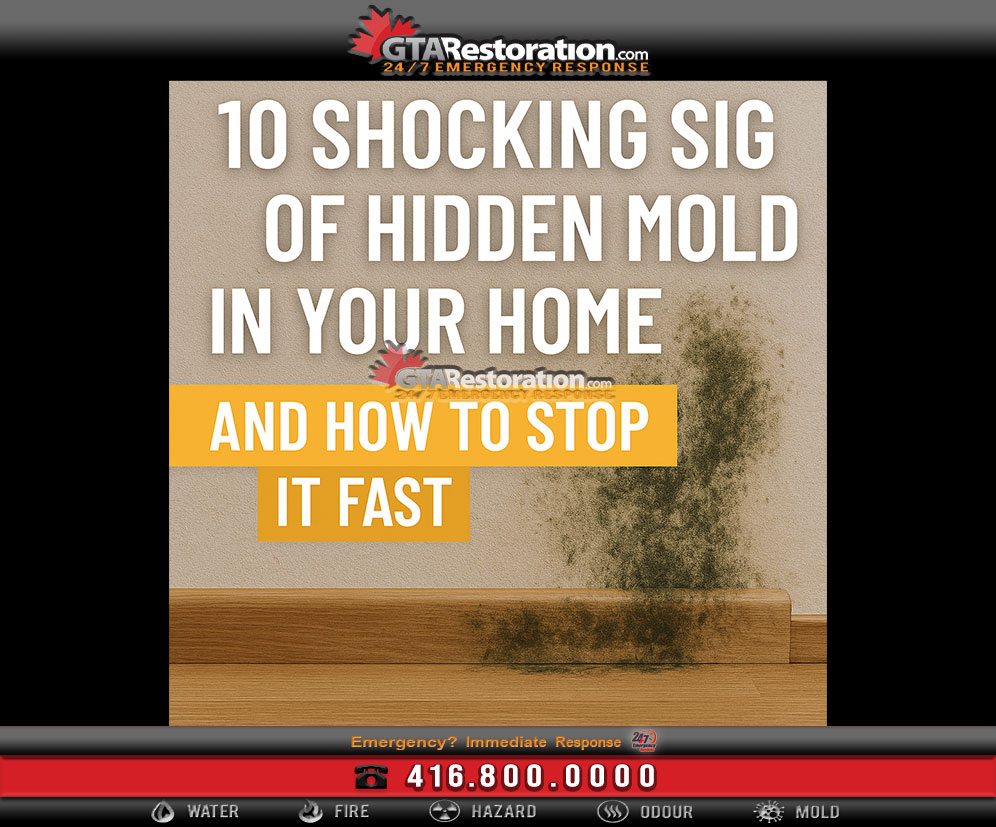 Graphic listing 10 warning signs of mold, basement wall with mold stains – sign of hidden mold